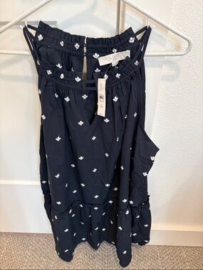 LOFT Navy Sleeveless halter top with White Embroidery